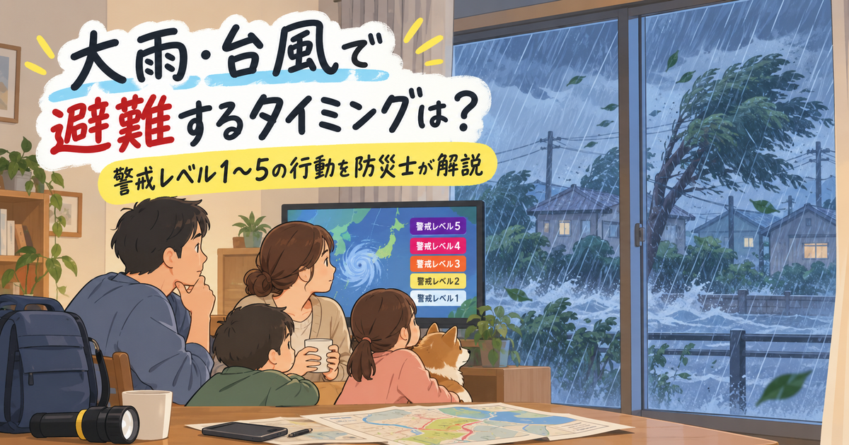 大雨・台風で避難するタイミングと警戒レベル1〜5の行動を解説するアイキャッチ画像