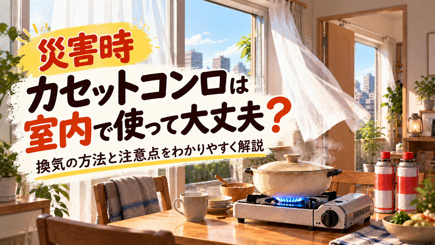 災害時に室内でカセットコンロを使うときの換気方法と注意点を解説するイメージ