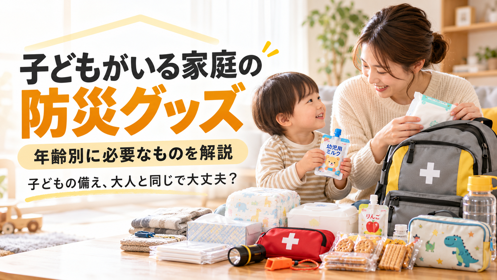 子どもがいる家庭で備えたい防災グッズを年齢別に紹介するイメージ