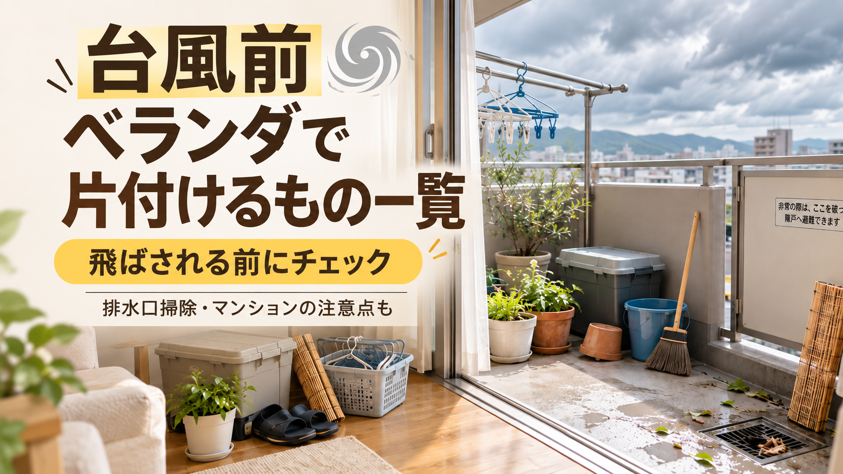 台風前にベランダで片付けるものと飛ばされやすい物の対策