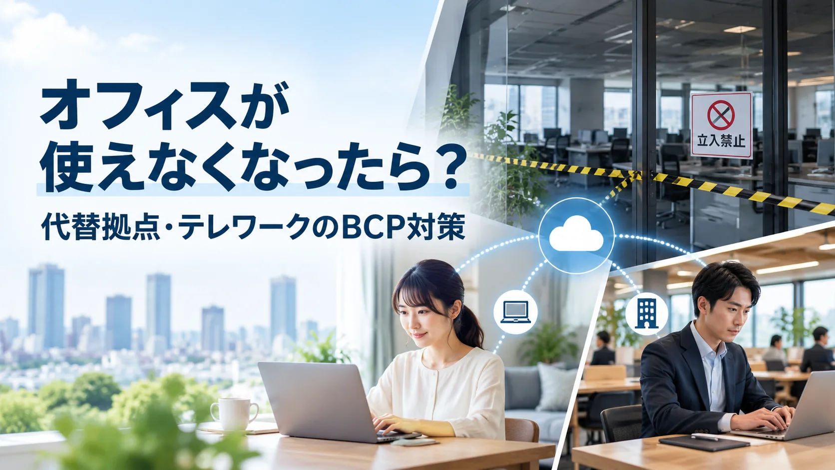 災害でオフィスが使えなくなり代替拠点やテレワークで業務を継続する社員のイメージ