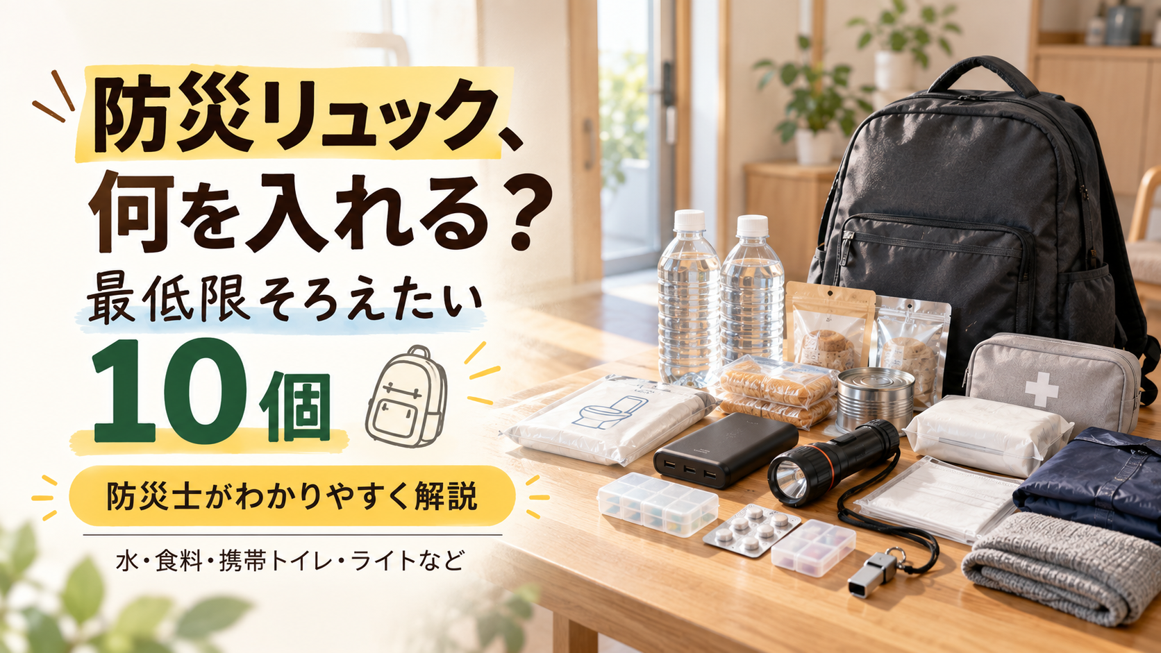 防災リュックに最低限入れたい水・食料・ライト・携帯トイレなどの防災グッズ
