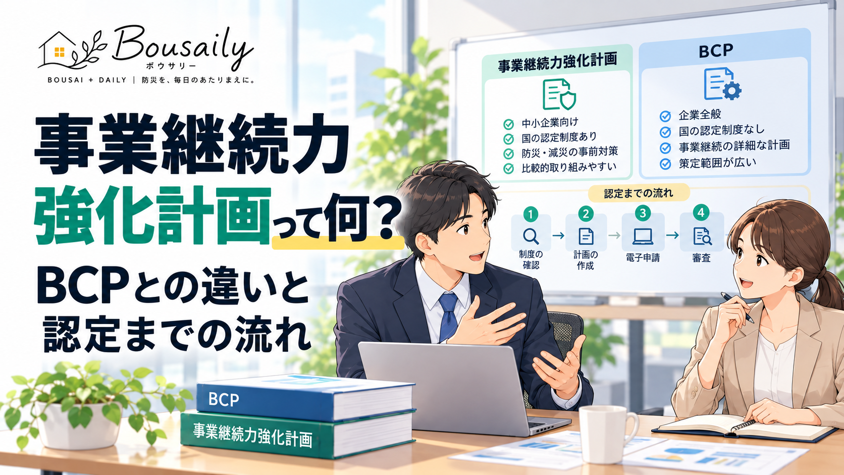 事業継続力強化計画とBCPの違いや認定までの流れを確認する企業担当者のイメージ