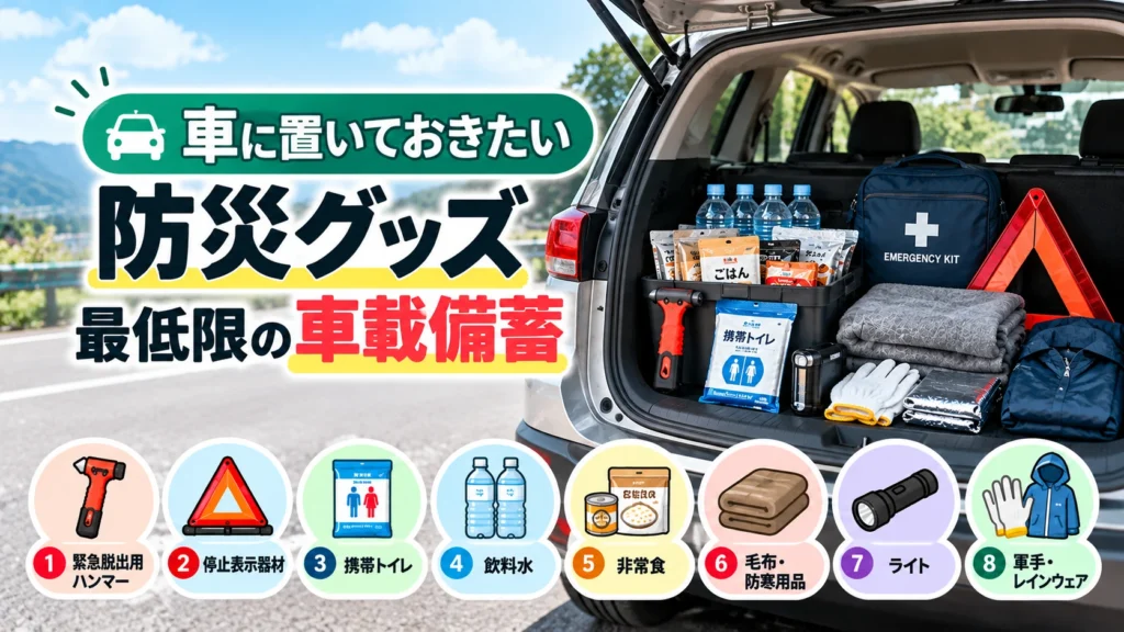 車のトランクに携帯トイレや毛布など最低限の防災グッズを備える車載備蓄のイメージ