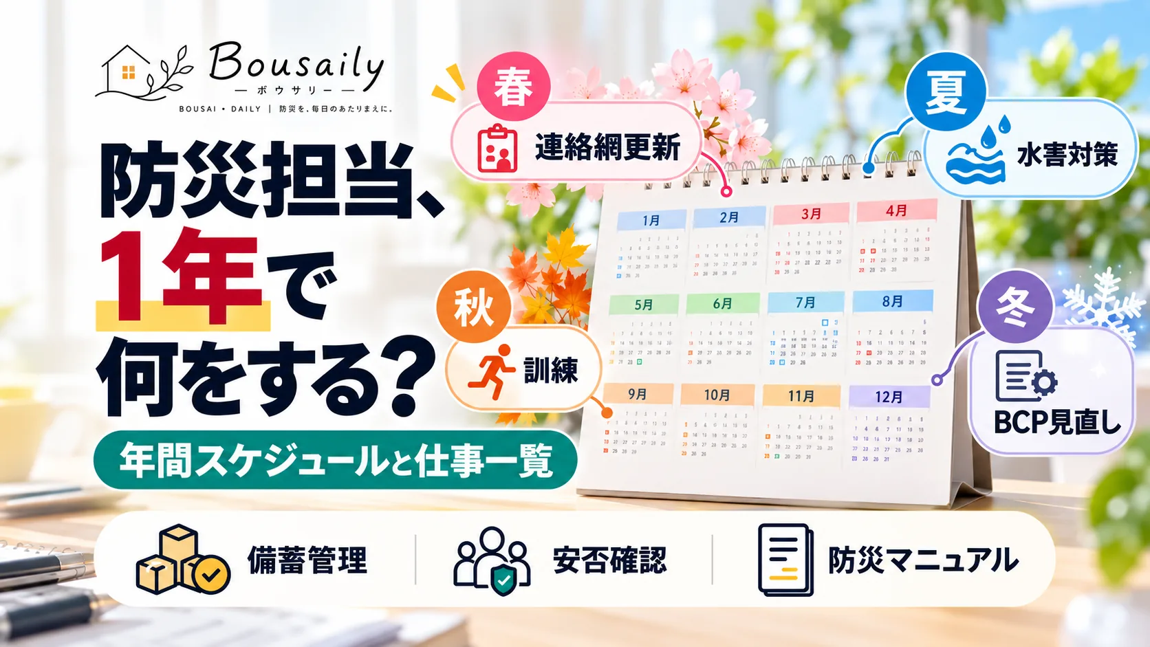 企業の防災担当者が年間スケジュールや防災備蓄、防災訓練の予定を確認するオフィスのイメージ
