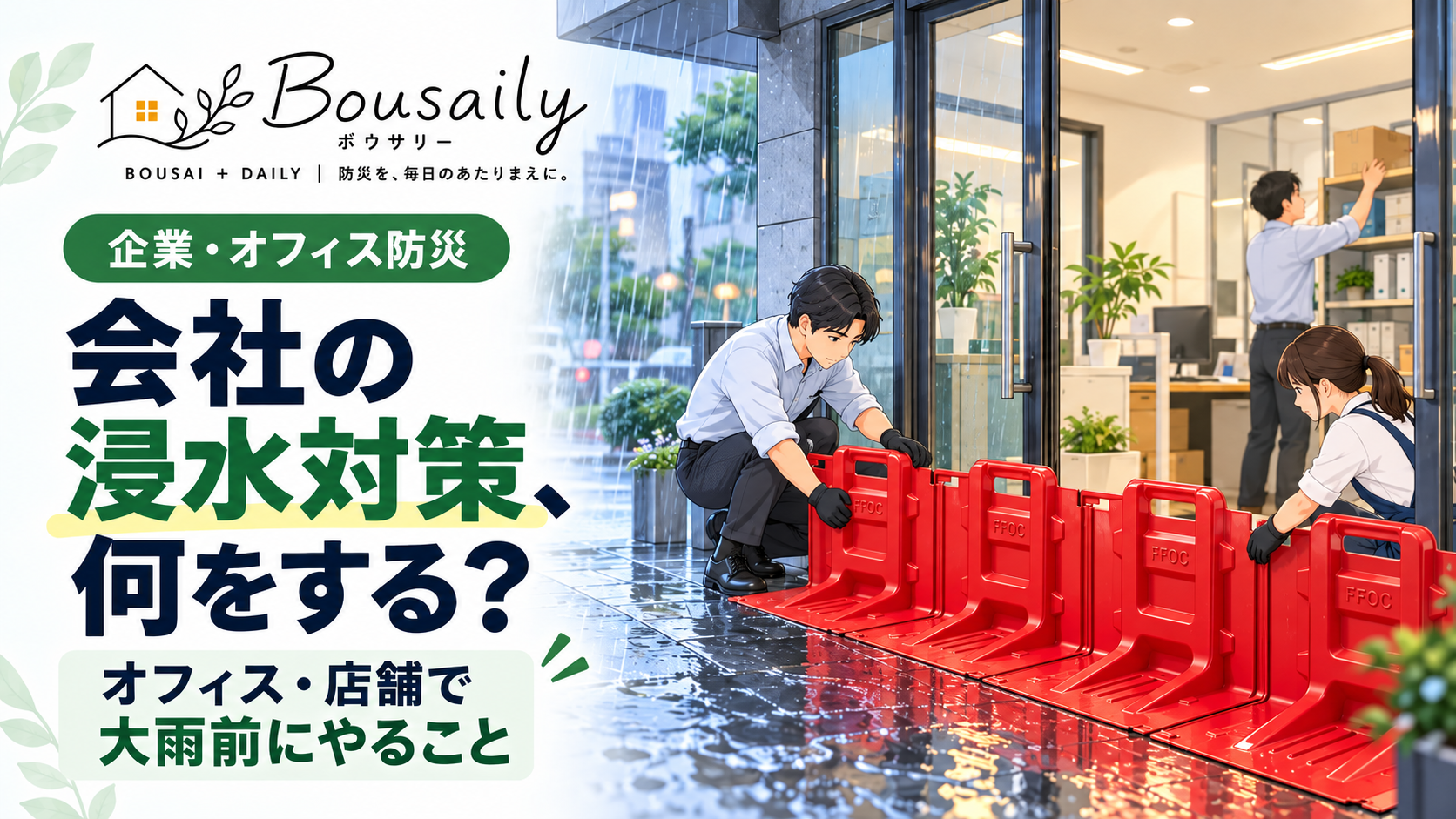 大雨に備えてオフィスや店舗の入口へ止水板を設置し浸水対策をするイメージ