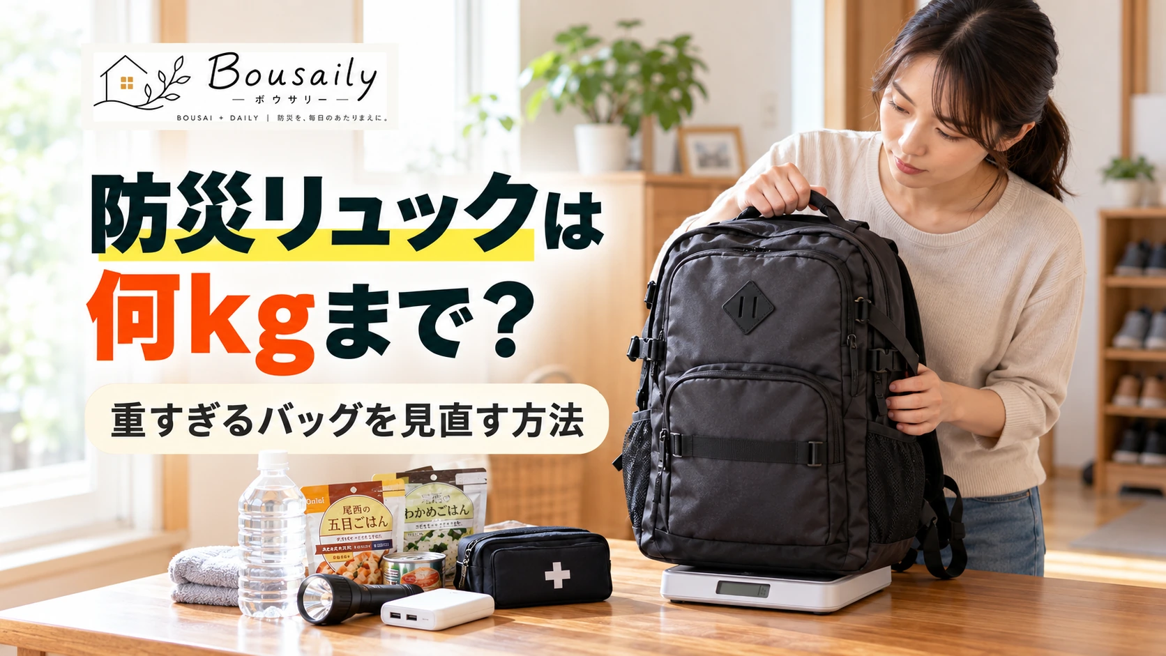 防災リュックを背負って重さを確認し中身を見直す防災準備のイメージ