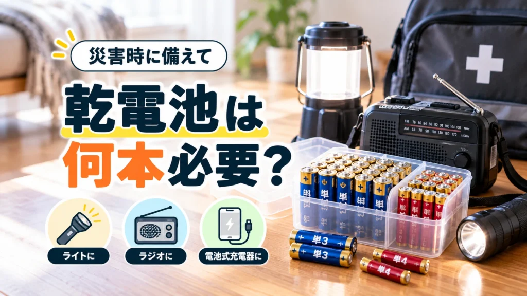 災害や停電に備えて単3・単4乾電池をライトやラジオと一緒に備蓄するイメージ