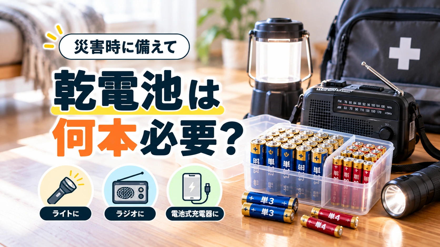 災害や停電に備えて単3・単4乾電池をライトやラジオと一緒に備蓄するイメージ