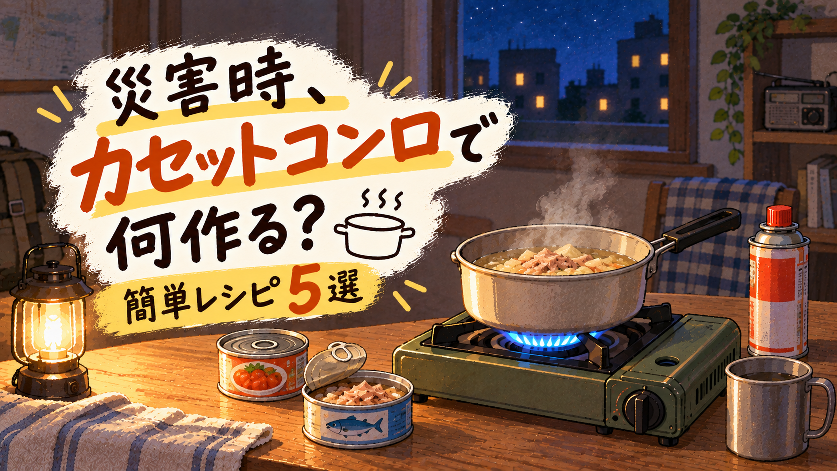 災害時にカセットコンロと缶詰やパックごはんで簡単な料理を作るイメージ