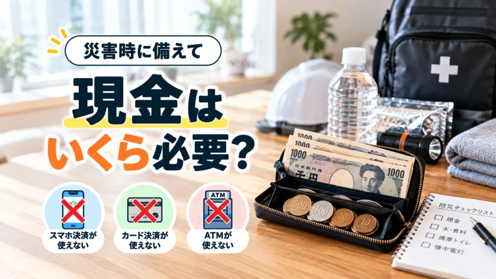 災害時の停電や通信障害に備えて千円札や小銭など非常用現金を準備するイメージ