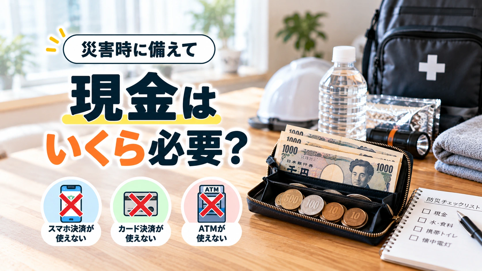 災害時の停電や通信障害に備えて千円札や小銭など非常用現金を準備するイメージ
