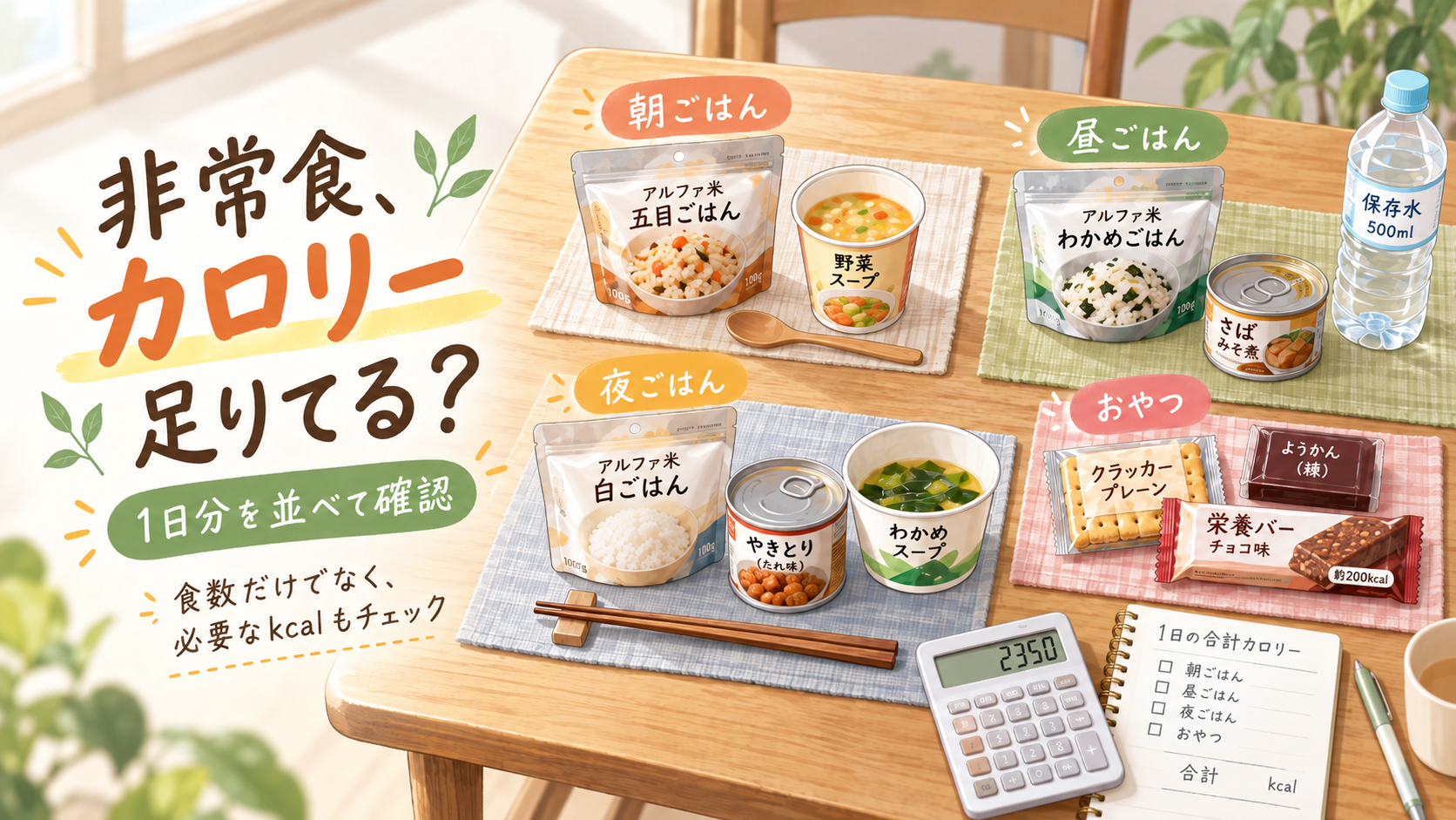 非常食のカロリー表示を確認しながら災害時に必要なエネルギー量を計算するイメージ