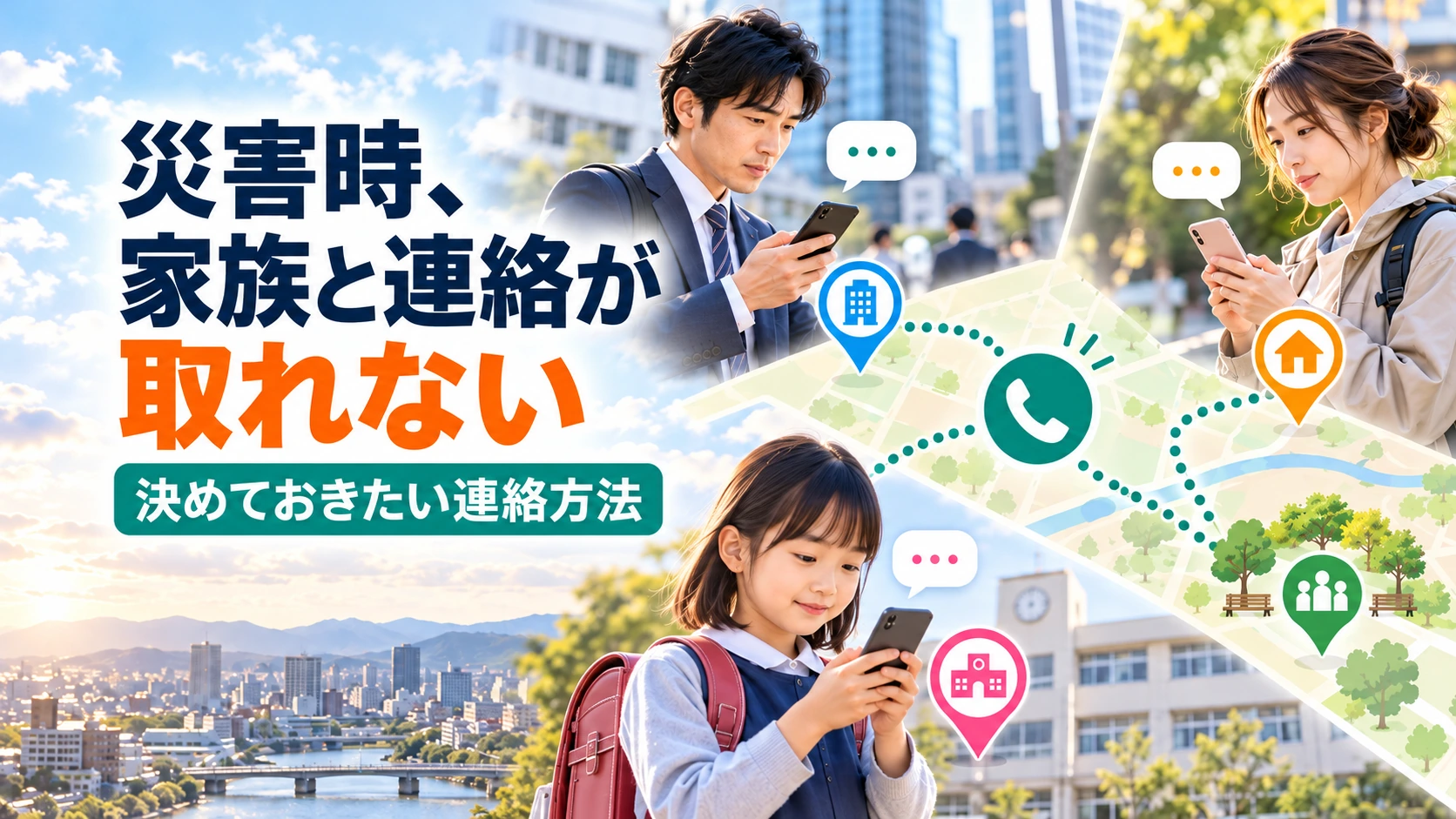 災害時に離れた家族との連絡方法や集合場所を事前に確認する家族防災のイメージ