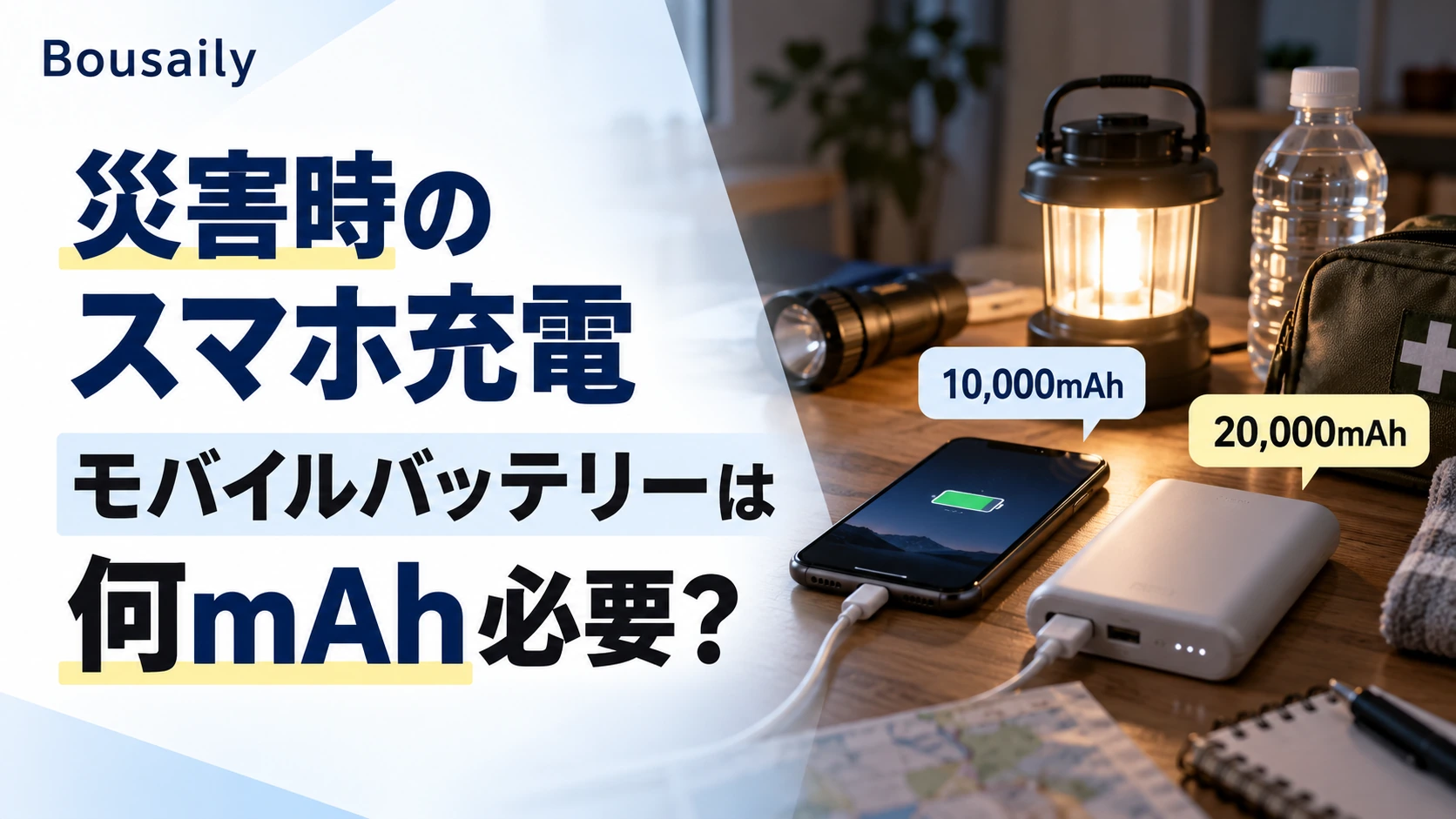停電時にモバイルバッテリーからスマートフォンを充電する防災のイメージ