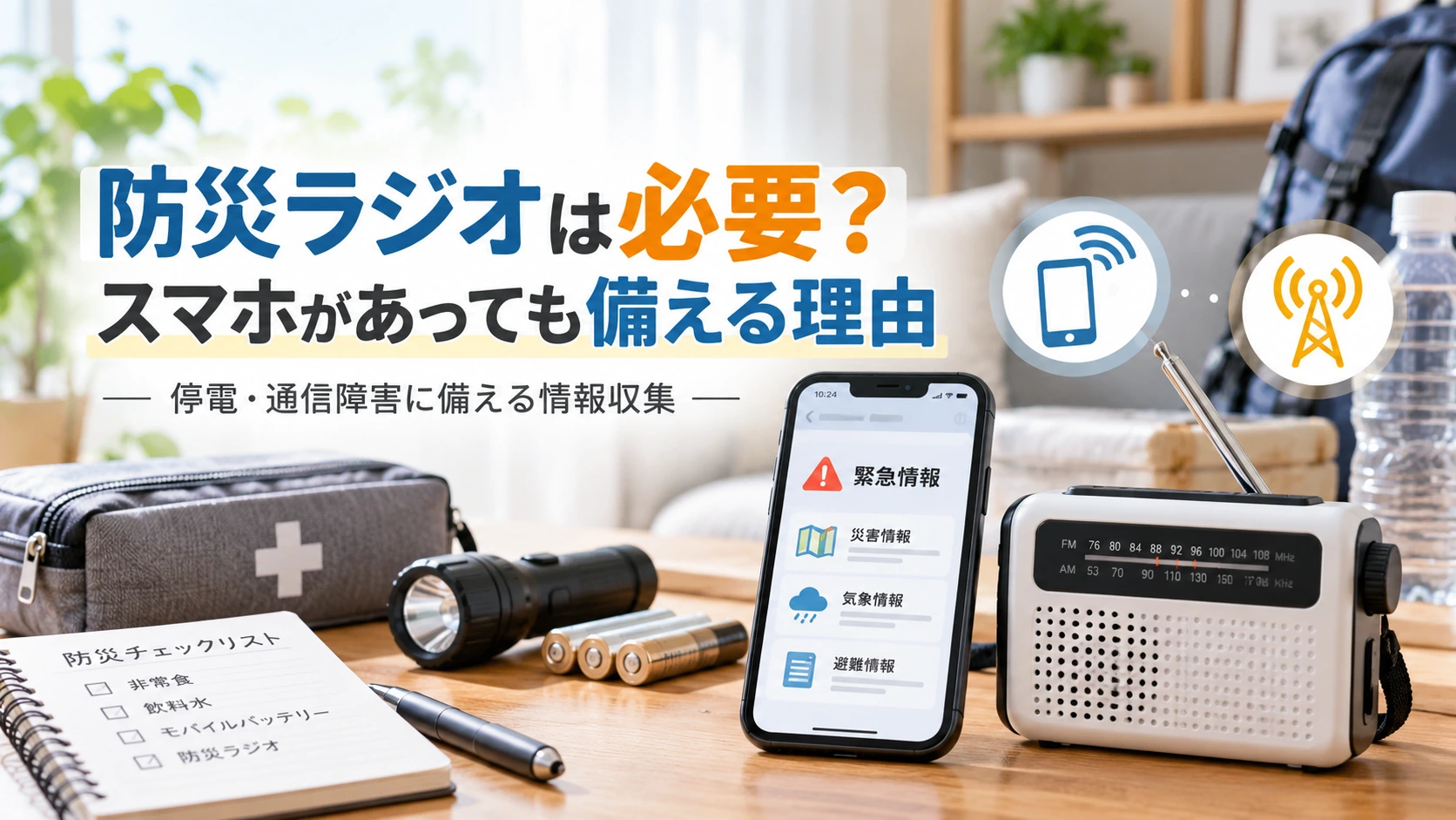 停電時にスマートフォンと防災ラジオを並べて災害情報を確認する家庭のイメージ