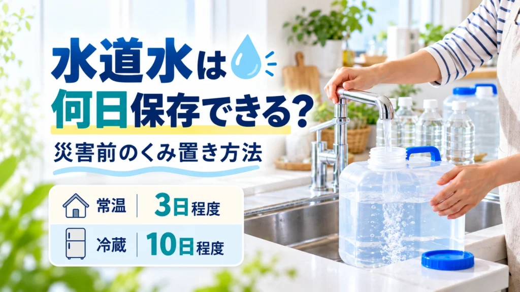災害や断水に備えてウォータータンクへ水道水をくみ置きする家庭のイメージ