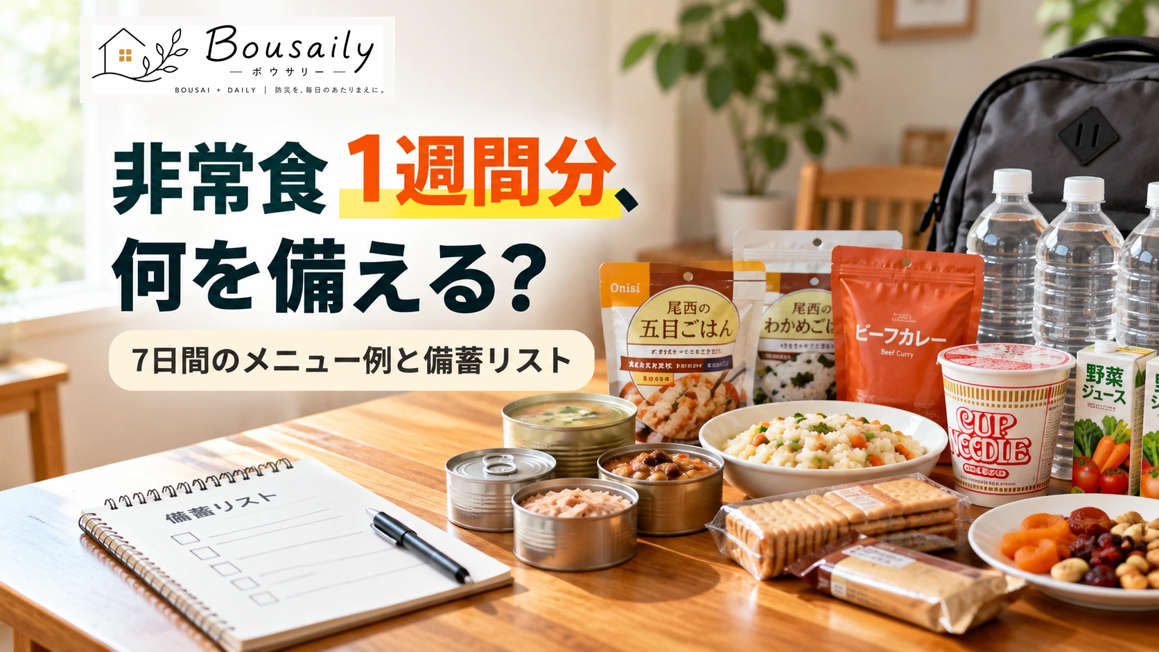 非常食や水、アルファ米、缶詰を並べて1週間分のメニューを考える防災備蓄のイメージ