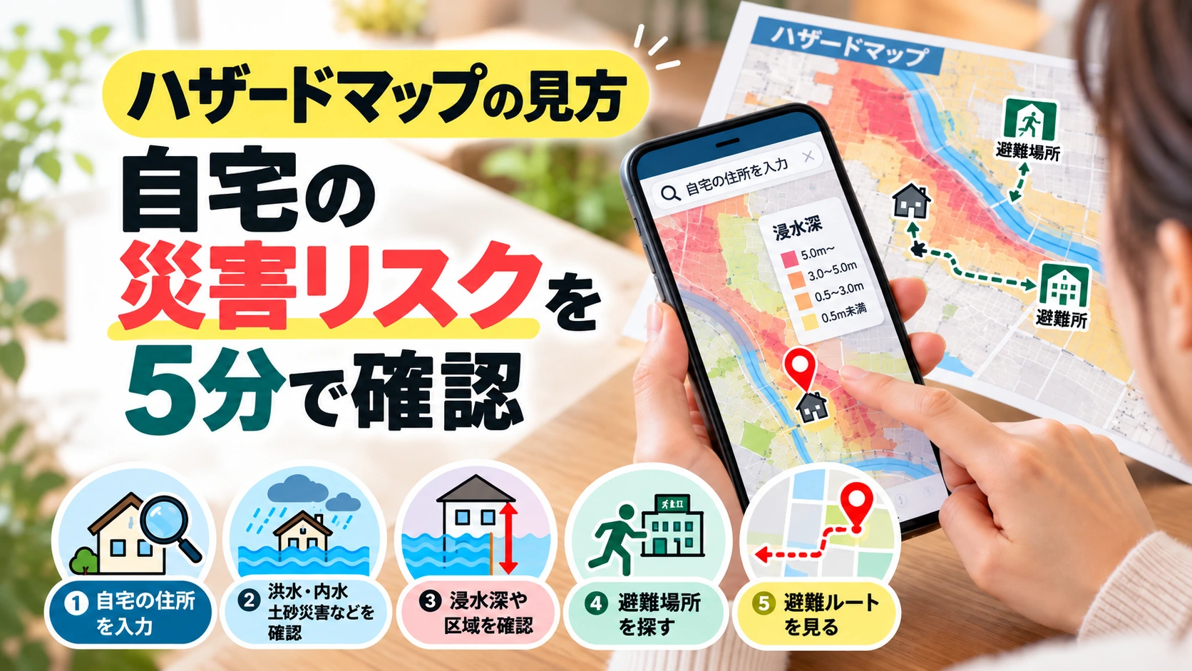 スマートフォンでハザードマップを開き自宅周辺の洪水や土砂災害リスク、避難場所を確認する防災のイメージ