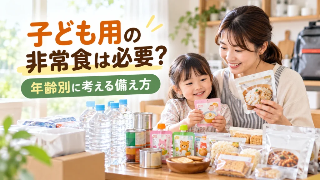 子どもの年齢に合わせて保存パンやレトルト食品、液体ミルクなどの非常食を備える家庭のイメージ