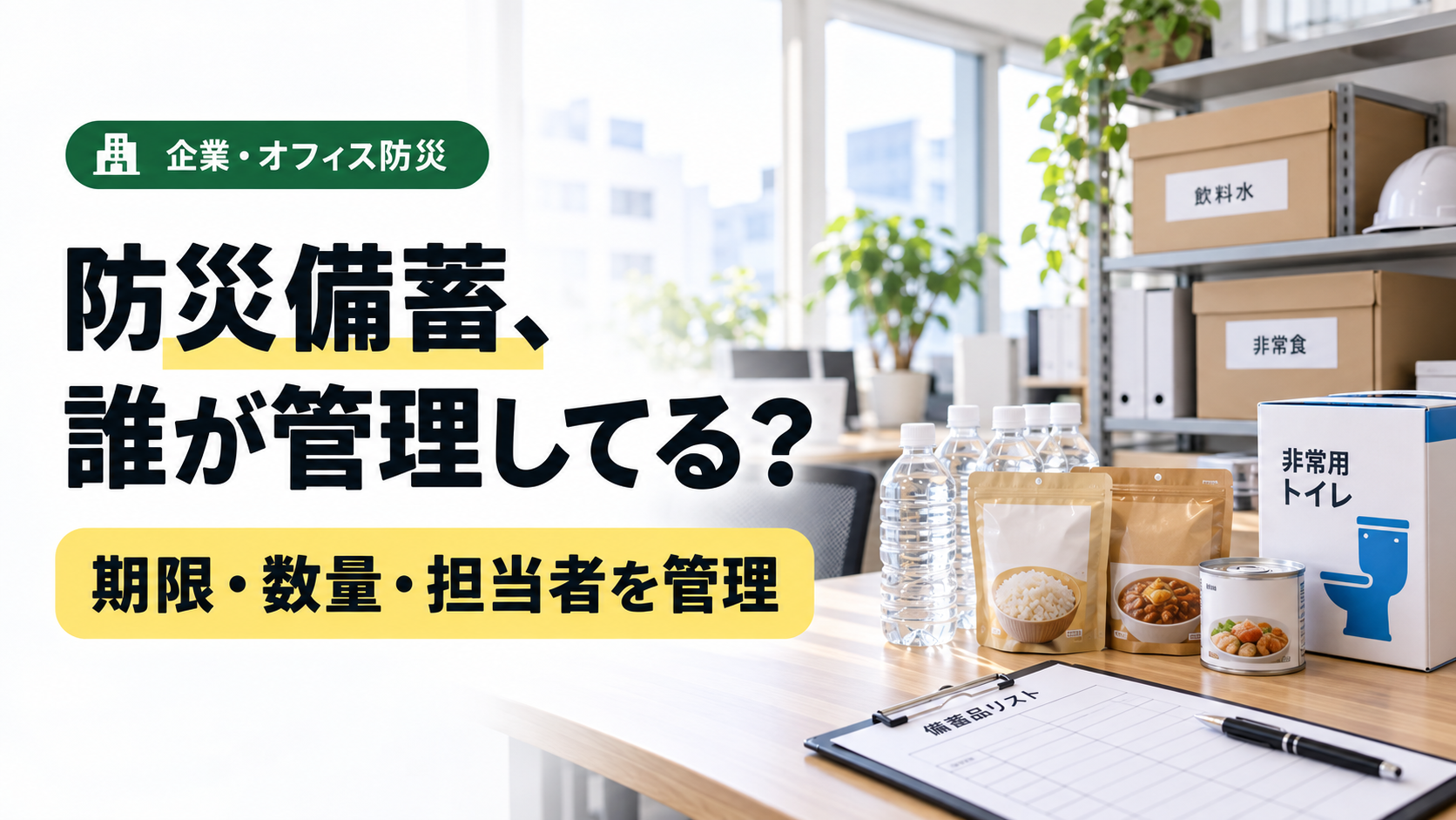 オフィスの防災備蓄を在庫表やラベルで管理するイメージ