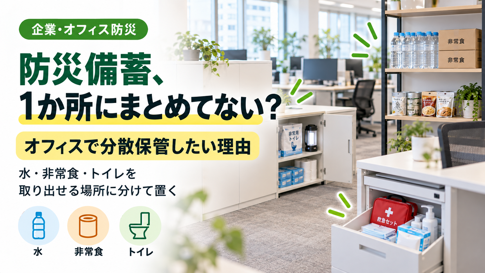 オフィスの防災備蓄を複数のフロアや場所に分散して保管するイメージ