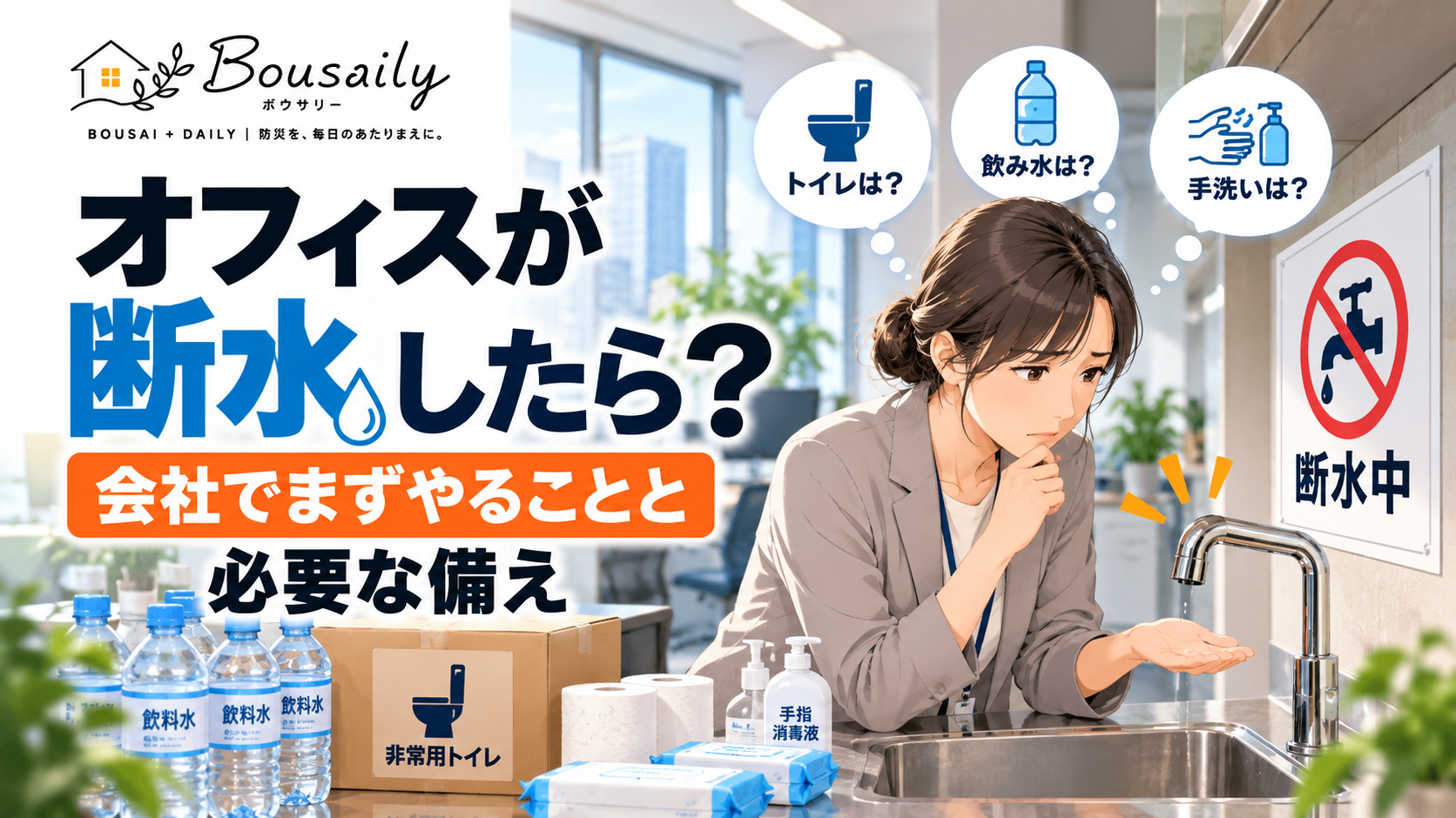 断水したオフィスで飲料水や非常用トイレなどの防災備蓄を確認する総務担当者のイメージ