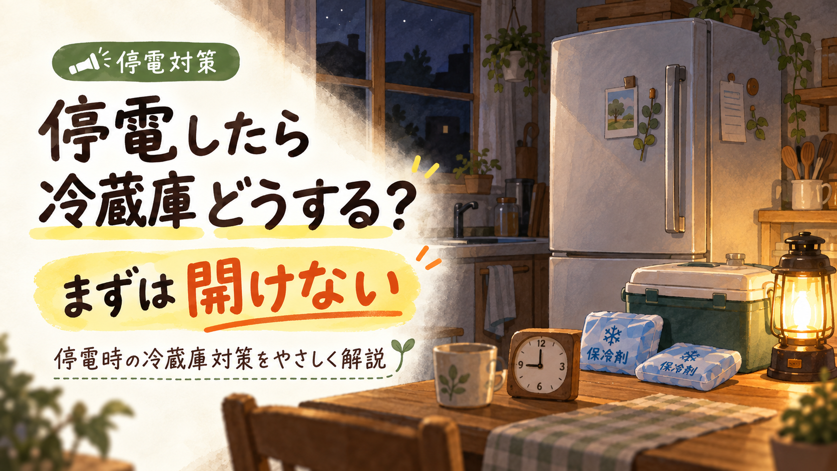 停電した冷蔵庫の前で保冷剤やクーラーボックスを準備するイメージ