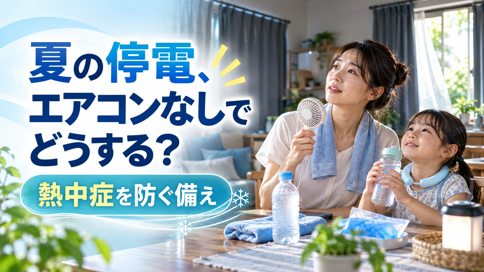 真夏の停電でエアコンが止まり、充電式扇風機や冷却用品で熱中症対策をする家庭のイメージ