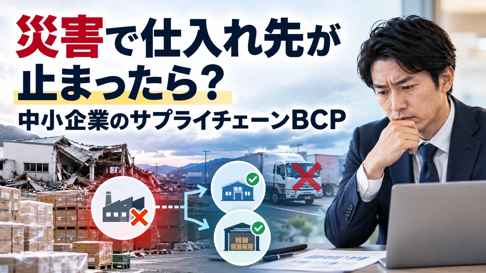 災害で仕入れ先や物流が止まった場合に代替仕入先や在庫を確認する企業担当者のイメージ