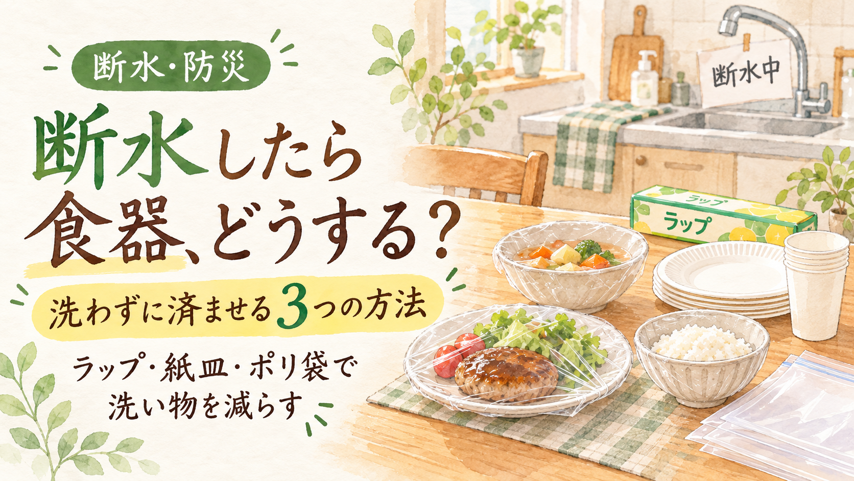 断水時に食器へラップをかぶせて洗い物を減らす災害対策のイメージ