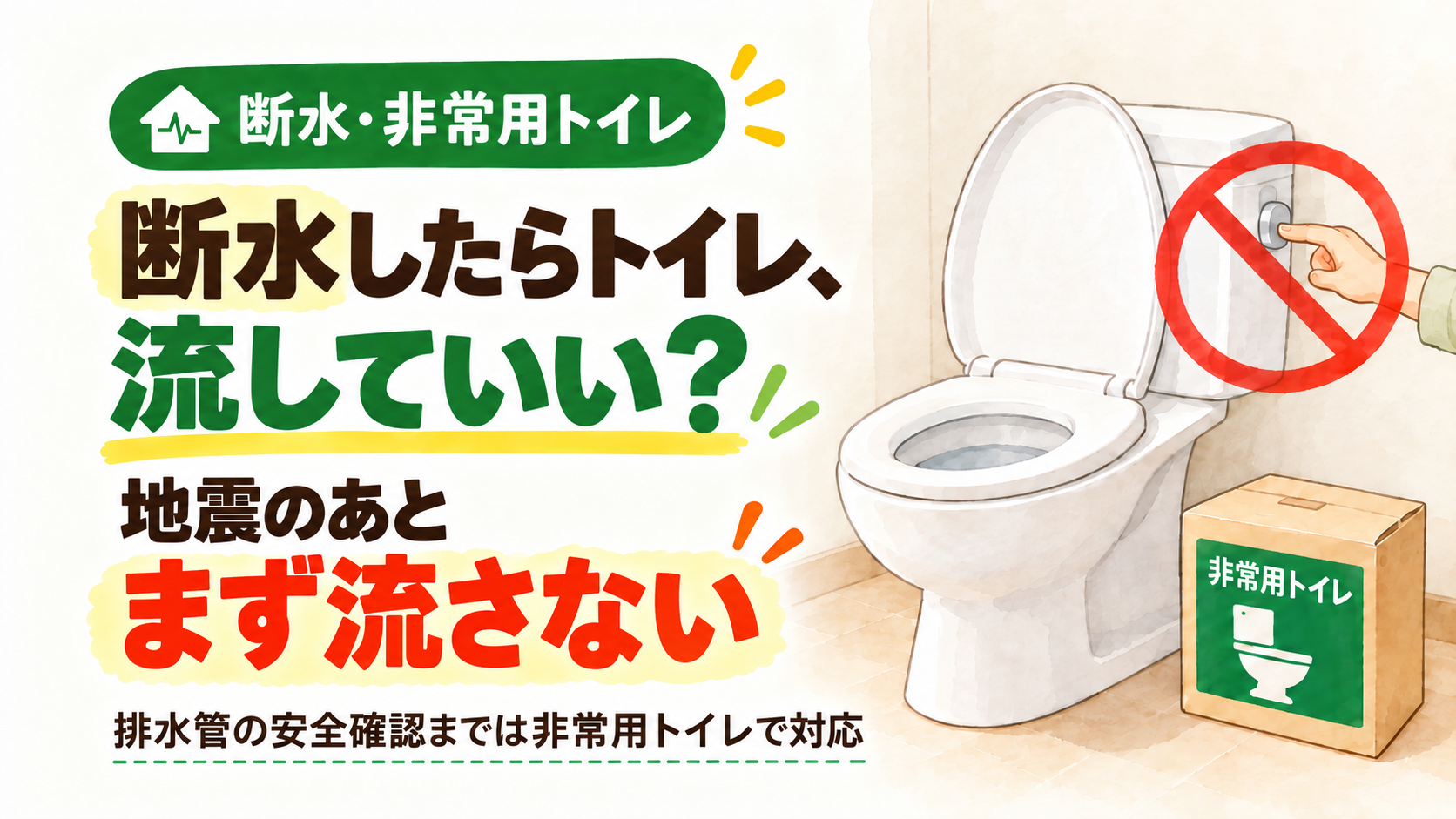 地震による断水後にトイレを流さず非常用トイレを準備するイメージ