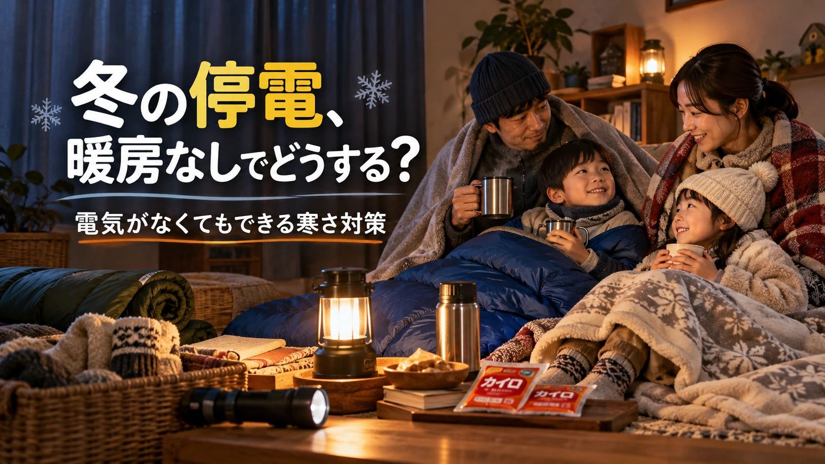 冬の停電で暖房が止まり、毛布や寝袋、カイロ、湯たんぽで寒さをしのぐ家庭のイメージ