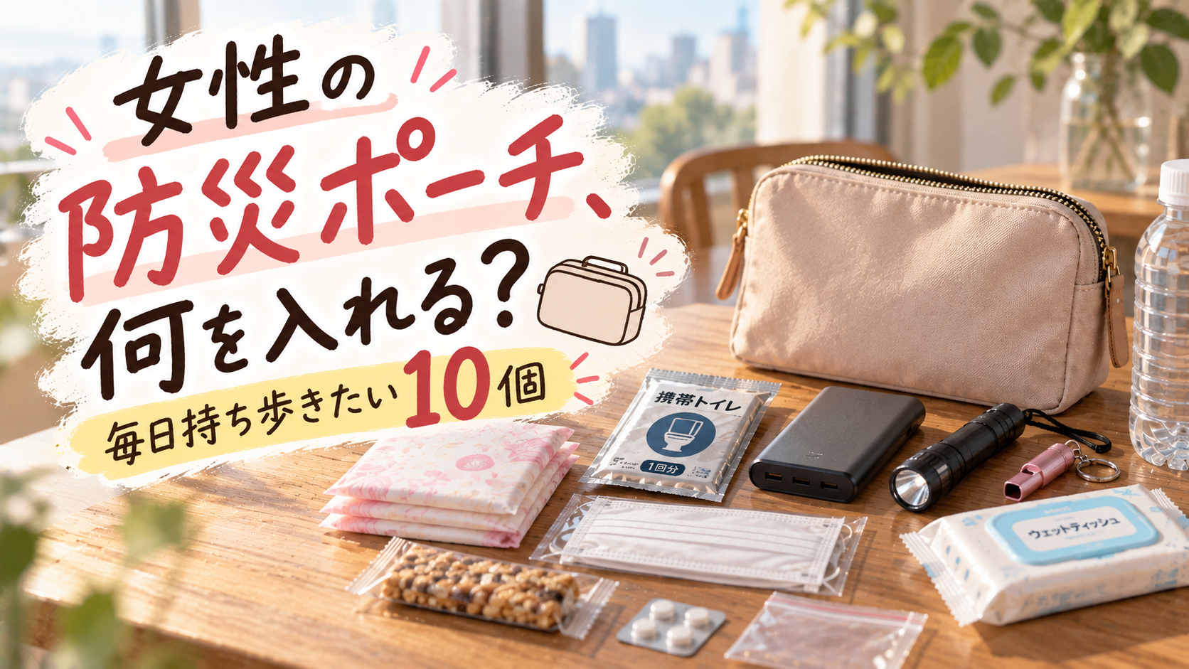 女性が毎日持ち歩く防災ポーチと生理用品や携帯トイレなどの中身