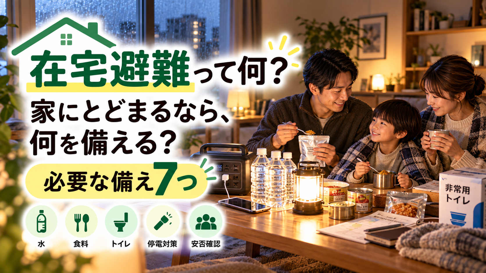 在宅避難に備えて自宅に水や食料、非常用トイレを用意するイメージ